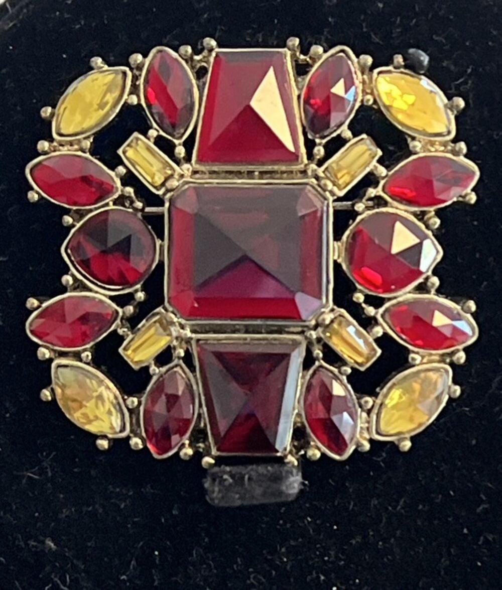 Vintage Monet Brooch Red Yellow Glass Signed Square Large Stones 1.5”